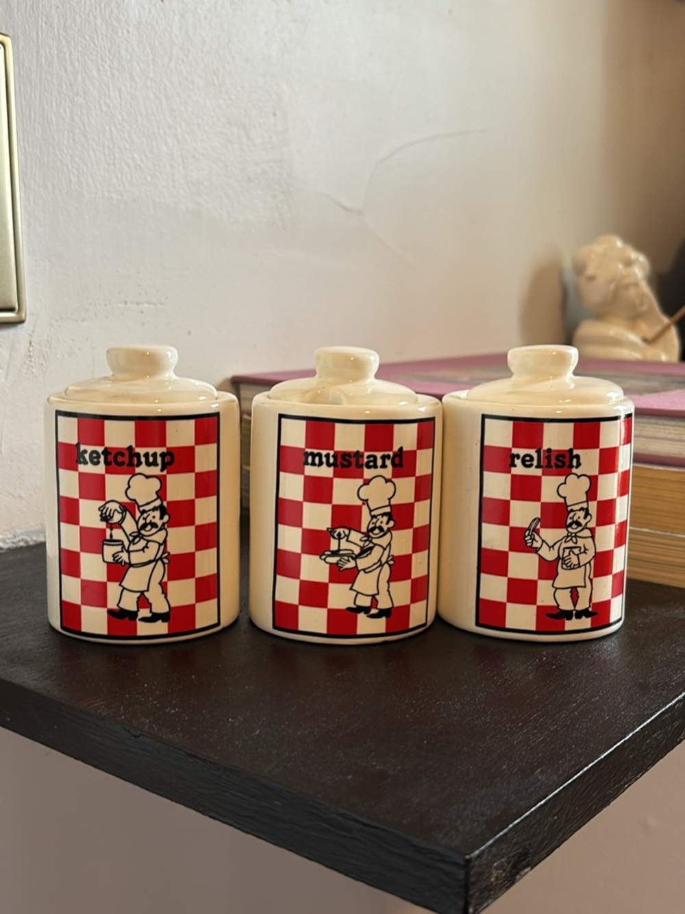 Vintage Ketchup, Mustard & Relish Ceramic Canister Set